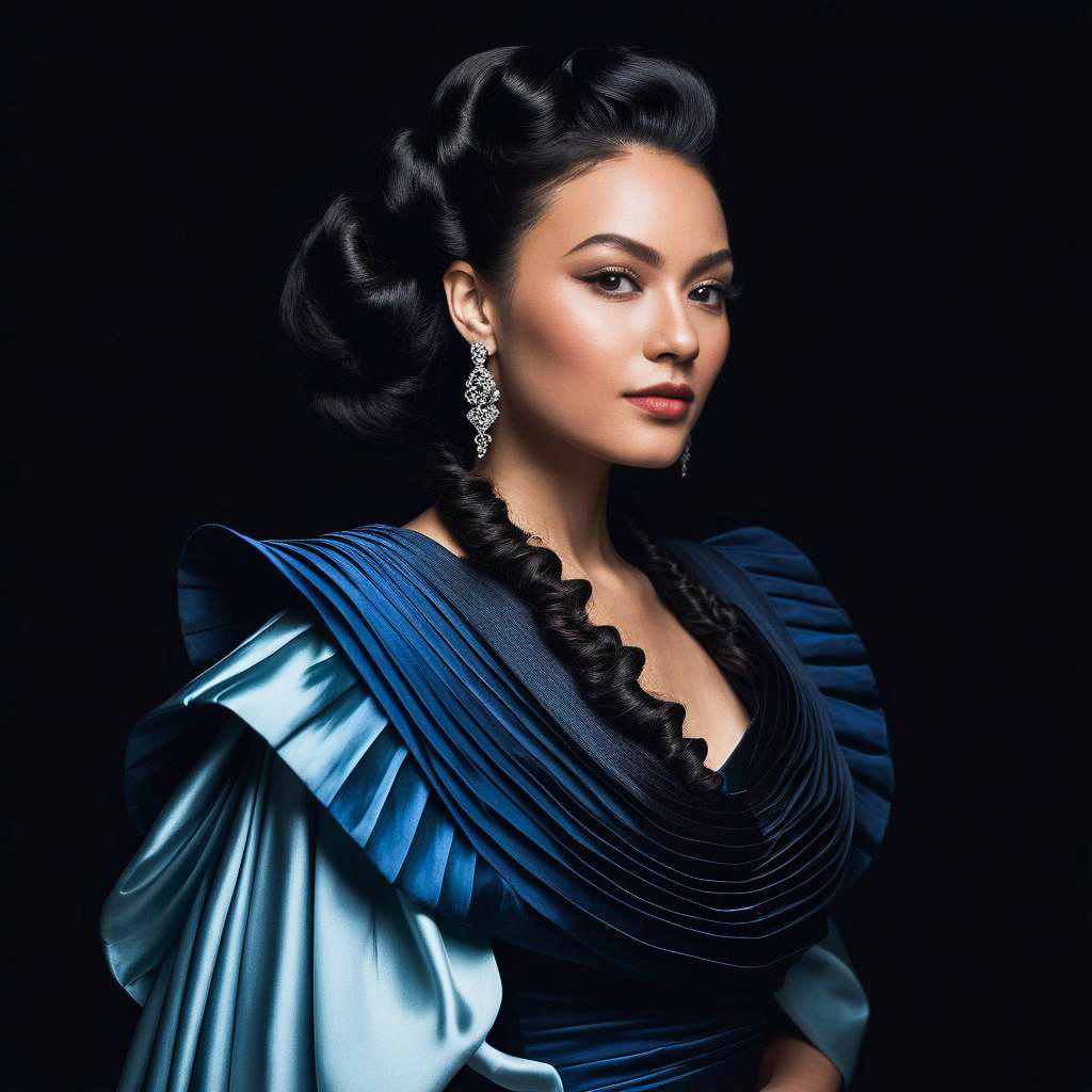 Elegant Woman in Dark Blue Dress with Intricate Hairstyle