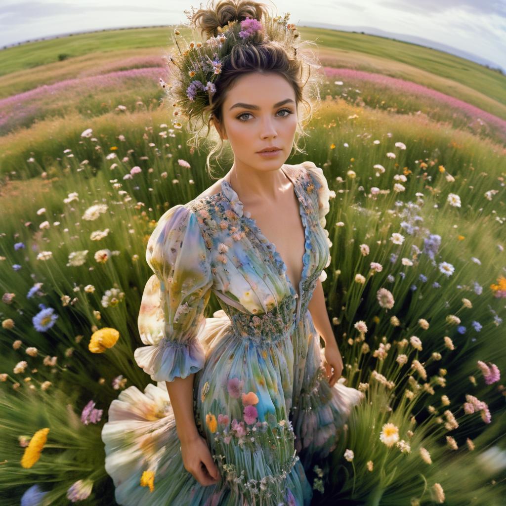 Woman in Floral Dress in Flower Field