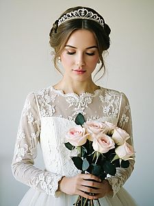 Elegant Bride in Lace Wedding Dress Holding Pink Rose Bouquet