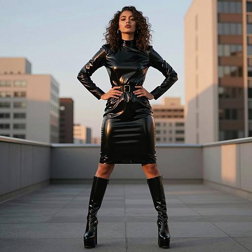 Confident Woman in Black Patent Leather Dress and Boots on Rooftop