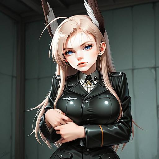 Anime Style Woman in Black Military Uniform with Blue Eyes and Feather Headpiece