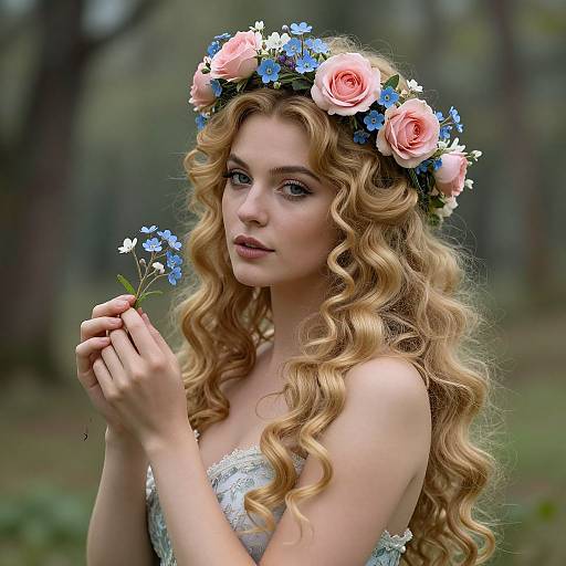 Young Blonde Woman Wearing Floral Crown Holding Small Blue Flowers Outdoors