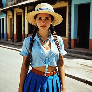Confident Woman in Cuban-Inspired Outfit on Sunlit Street