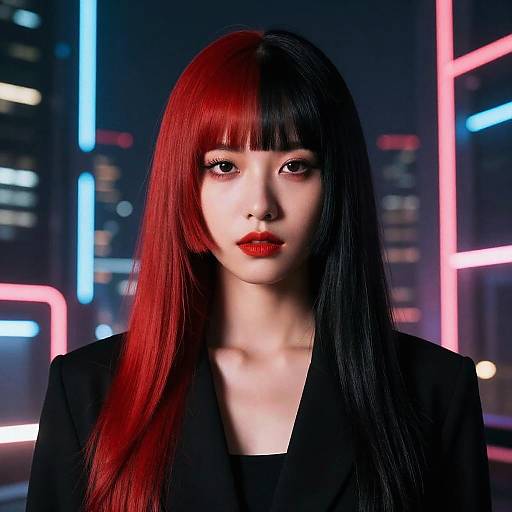 Cyberpunk Style Woman with Half Red Half Black Hair in Neon City