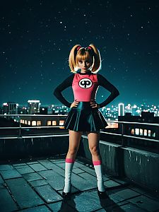 Confident Woman in Vibrant Costume on Rooftop at Night