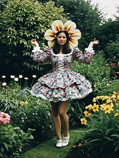 Woman in Floral Costume with Large Flower Headpiece in Garden