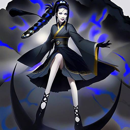 Ancient Destroyer Oni Woman in Black Kimono with Mystic Aura