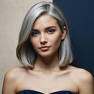 Portrait of Young Woman with Silver Gray Bob Hair Against Dual Tone Background