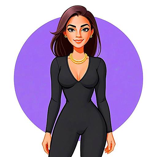Chic Woman with Pretty Face and Hair in Black Outfit Digital Illustration