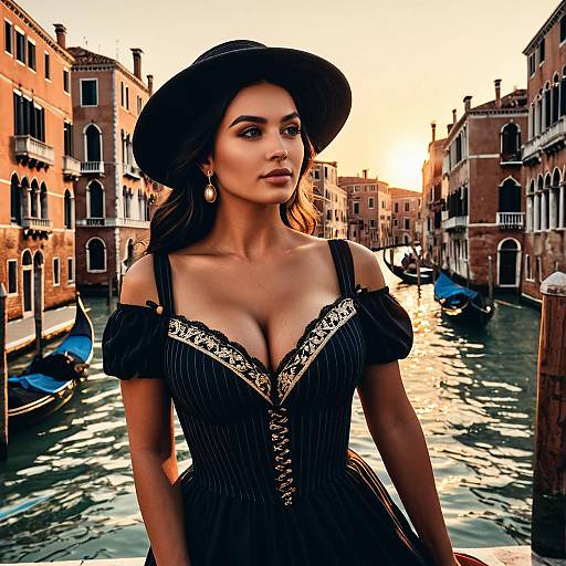 Elegant Woman in Vintage Dress by Venetian Canal at Sunset
