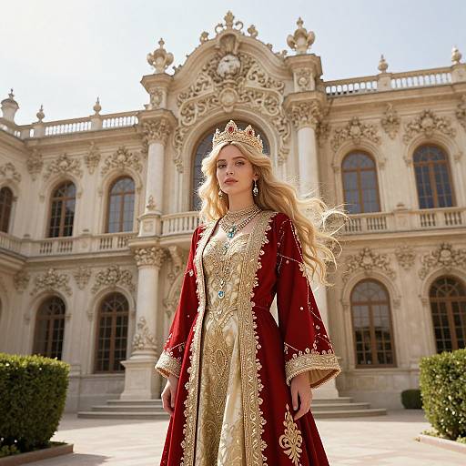 Regal Woman in Ornate Gold and Red Gown with Crown at Baroque Palace