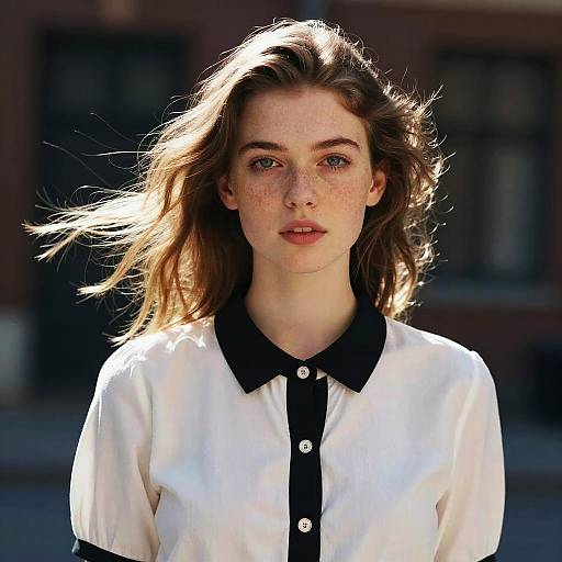 Portrait of Young Woman with Wavy Hair in Black and White Blouse