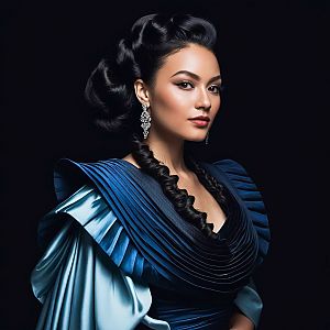 Elegant Woman in Dark Blue Dress with Intricate Hairstyle