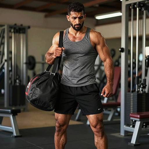 Fit Muscular Man Holding Gym Bag After Workout in Gym
