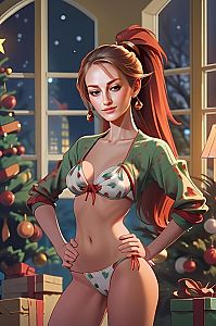 Festive Digital Illustration of Woman in Holiday Lingerie with Christmas Tree Background