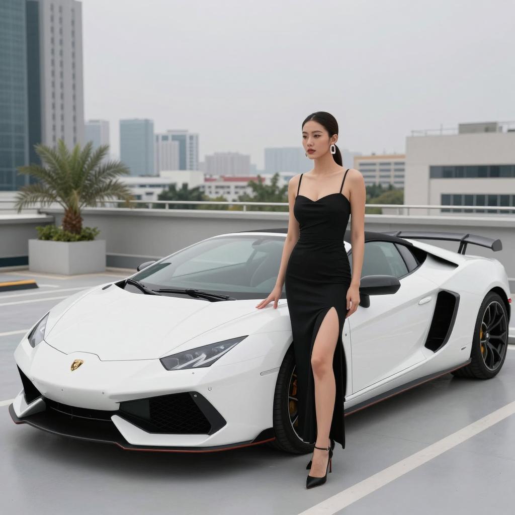 Elegant Woman in Black Dress Posing with White Lamborghini on Rooftop