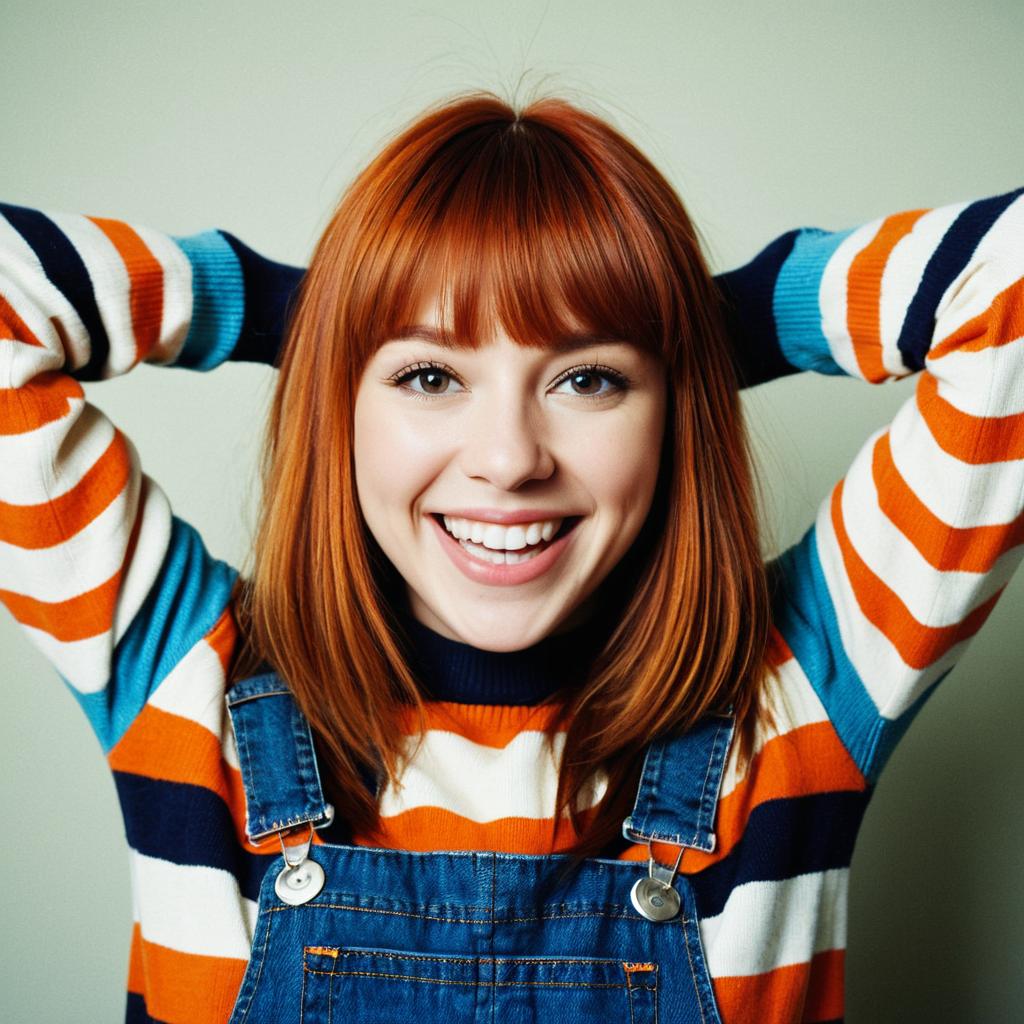Smiling Redhead Woman in Striped Sweater and Denim Overalls