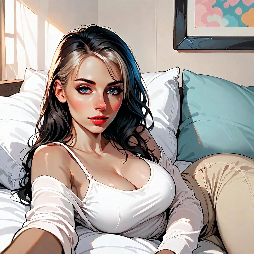 Digital Illustration of Woman Lounging on Bed with Blue Eyes and White Camisole