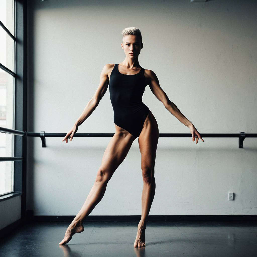 Elegant Woman in Black Leotard in Dance Studio