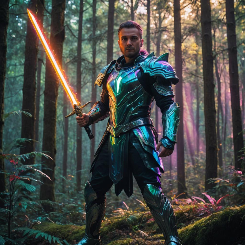 Heroic Man with Sword in Fantasy Forest