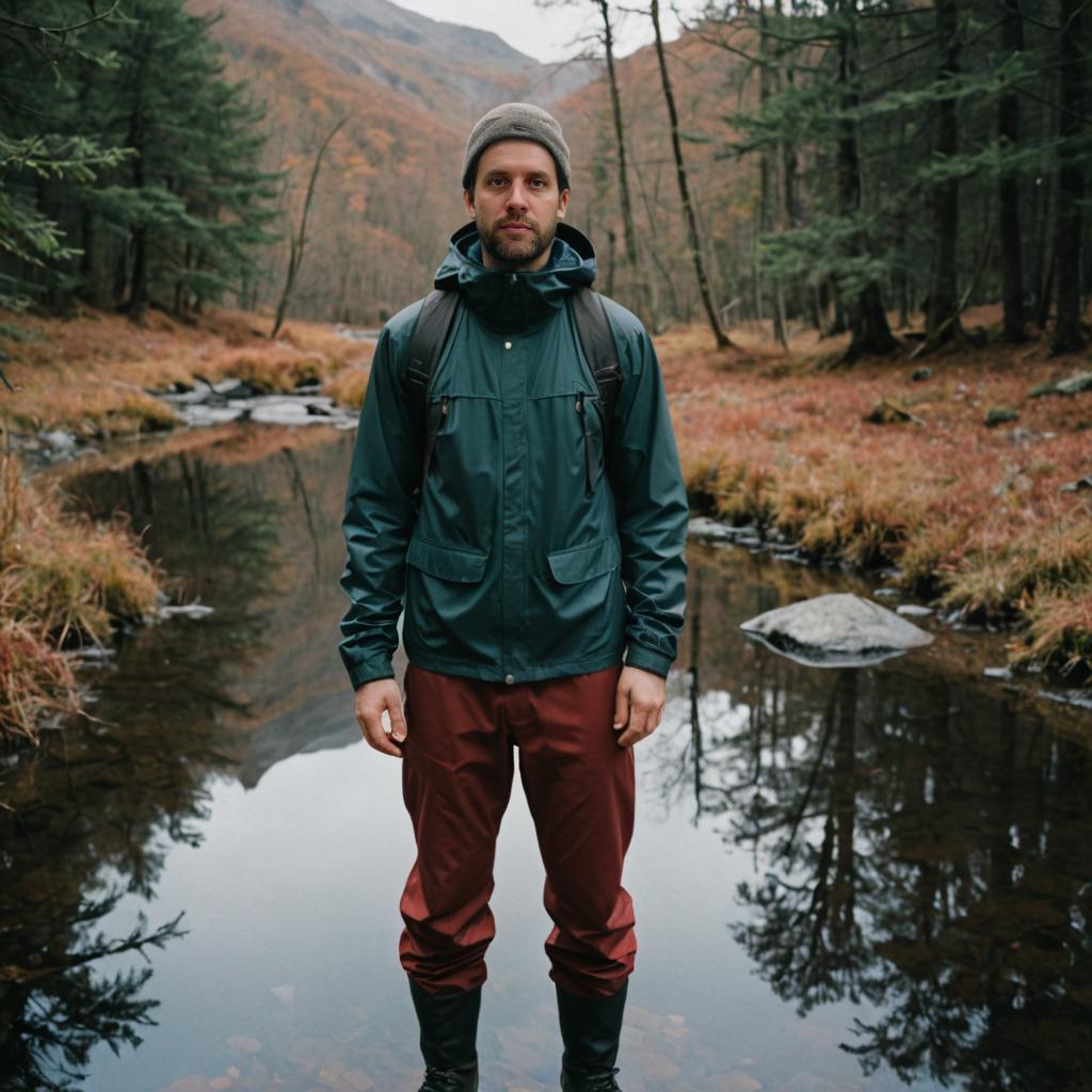 Man in Hiking Gear in Serene Forest with Autumn Foliage