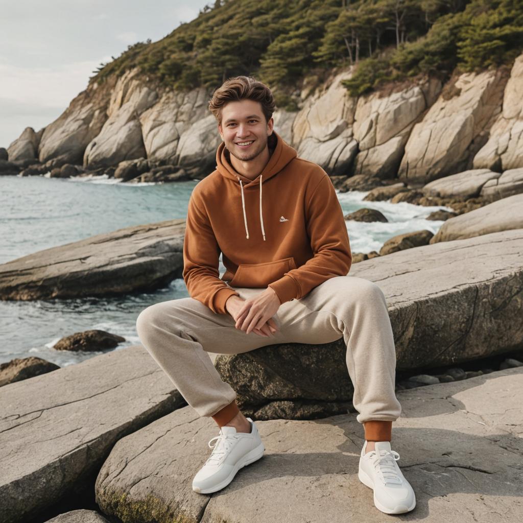 Confident Young Man in Stylish Hoodie on Rocky Coastline