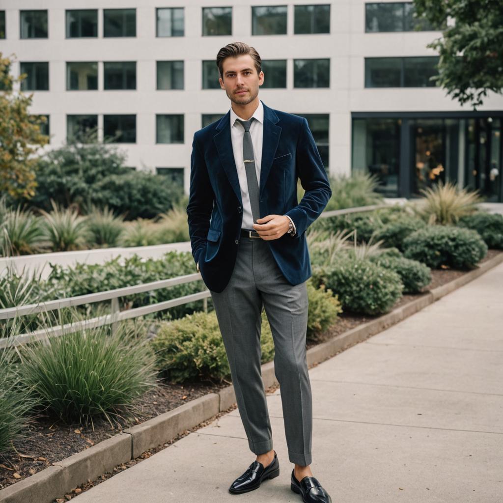 Stylish Man in Blue Velvet Blazer