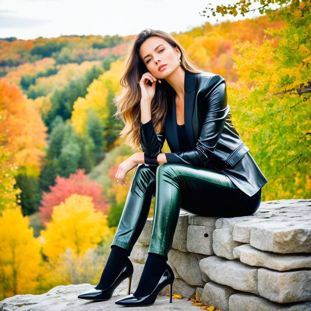 Stylish Woman in Leather Jacket Amidst Autumn Foliage