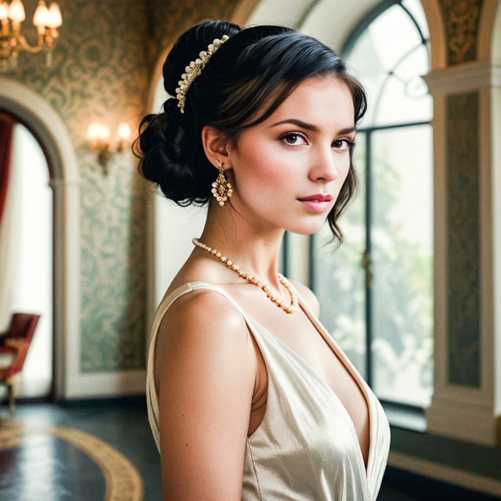 Elegant Woman with Pearls in Classic Interior