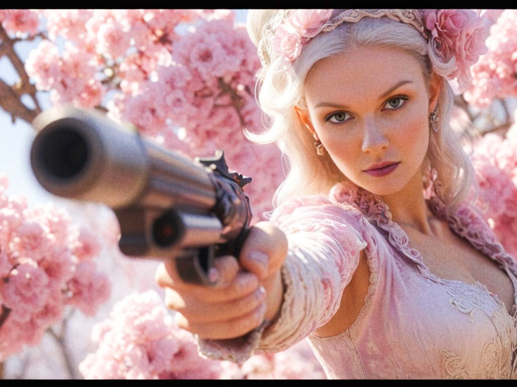 Woman with Gun Amid Cherry Blossoms