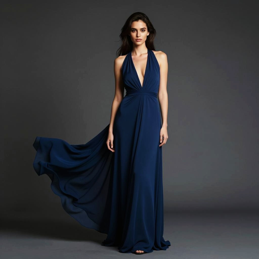 Elegant Woman in Navy Blue Evening Gown with Flowing Silhouette