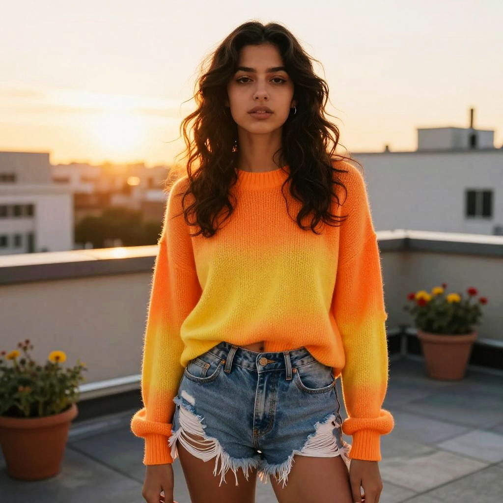 Young Woman in Orange Yellow Gradient Sweater and Denim Shorts on Rooftop at Sunset