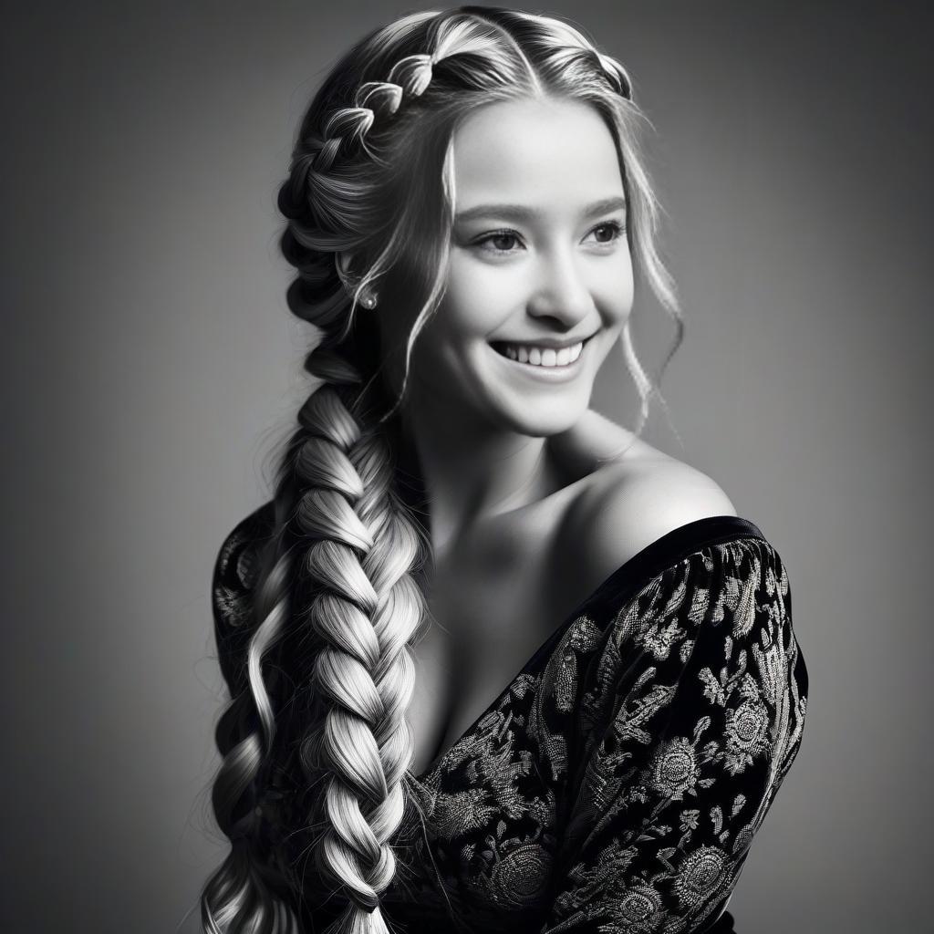 Elegant Woman with Braided Hair in Black and White Portrait Elegant Woman with Braided Hair in Black and White Portrait