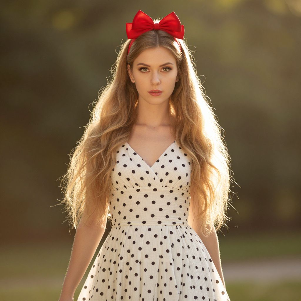Portrait of Young Woman in Polka Dot Dress with Red Bow Headband Outdoors