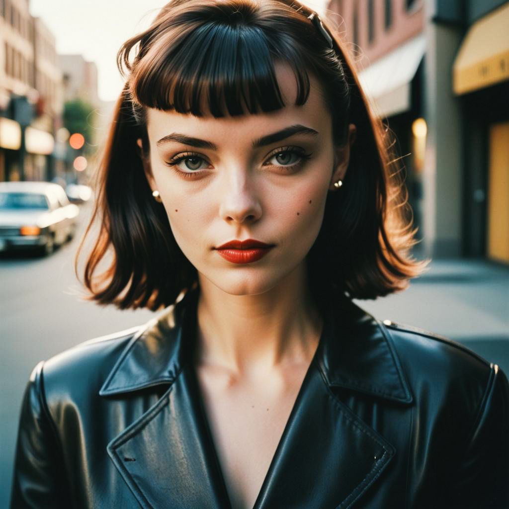 Vintage-Inspired Woman in Glossy Leather Jacket