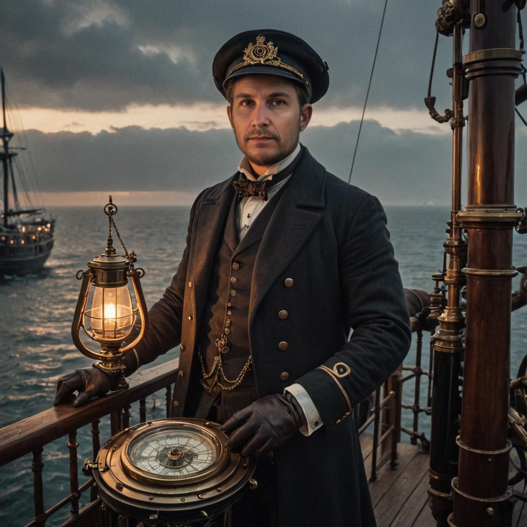 Vintage Naval Man with Lantern by Ship's Wheel