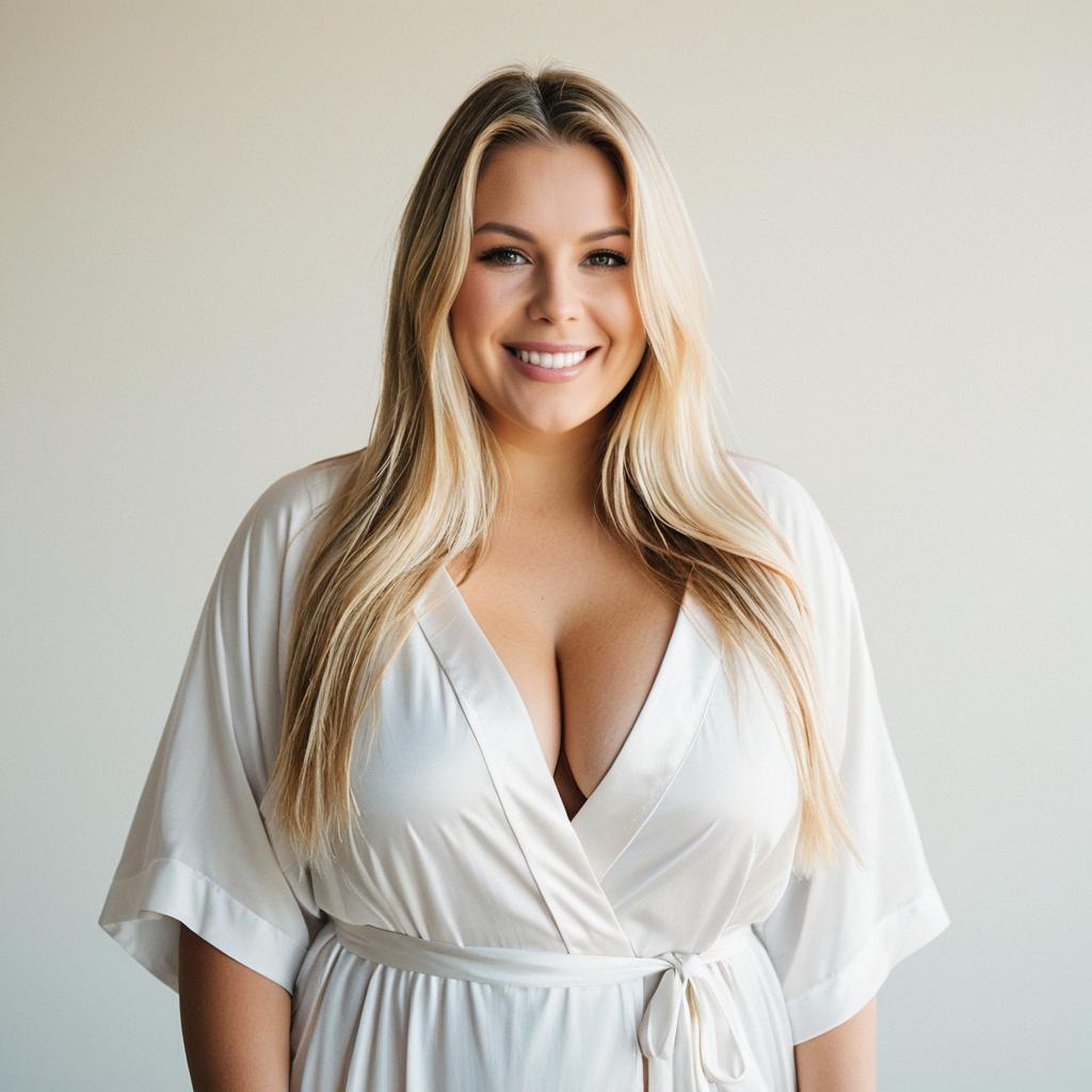 Smiling Blonde Woman in White Silky Robe Portrait