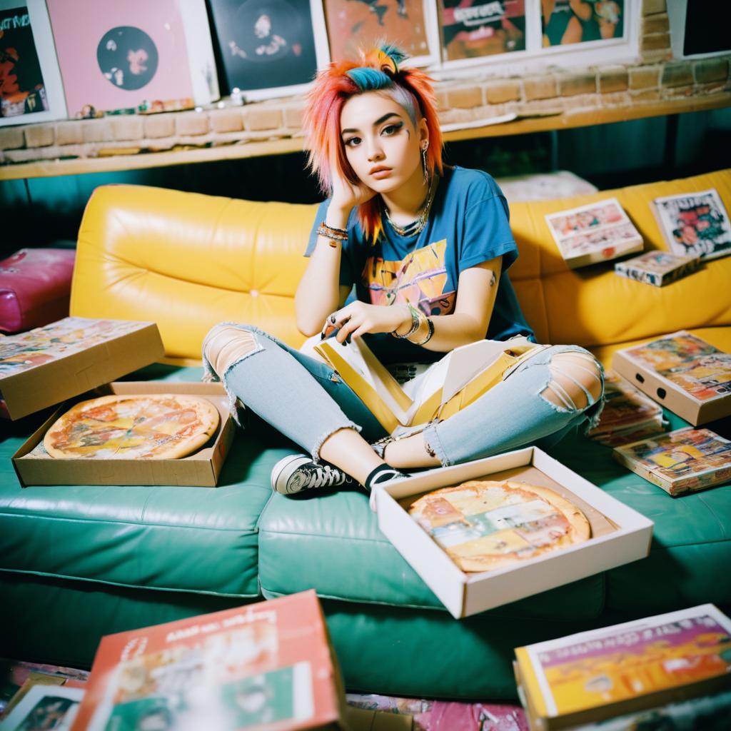 Colorful Woman on Yellow Couch with Pizza and Vintage Albums