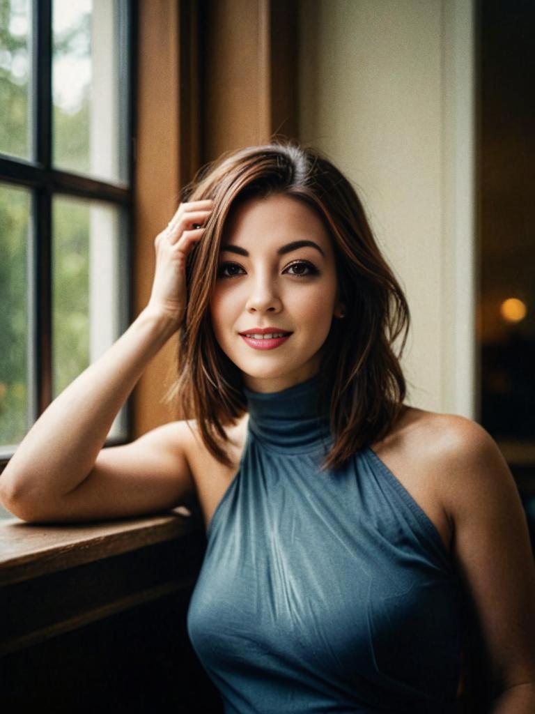 Woman with a warm smile in a stylish gray top by the window