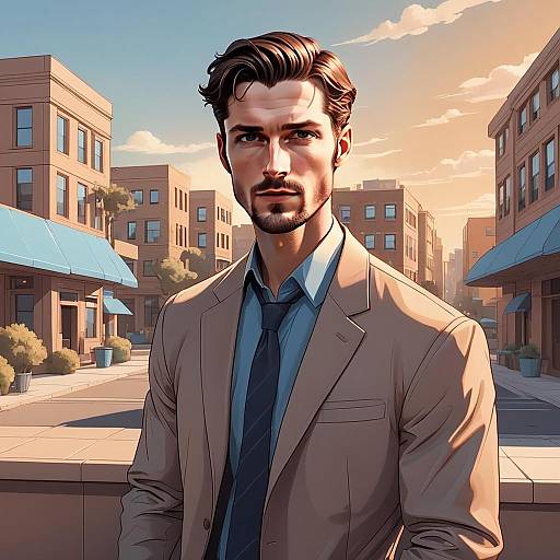 Stylized Portrait of a Man in Beige Suit in Urban Sunset Setting