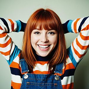 Smiling Redhead Woman in Striped Sweater and Denim Overalls