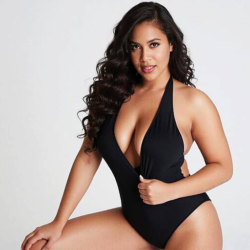 Confident Woman in Black Swimsuit Posing Against Neutral Background