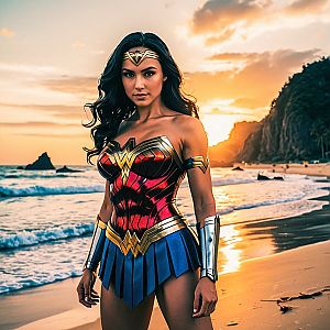 Confident Woman in Warrior Costume at Sunset Beach