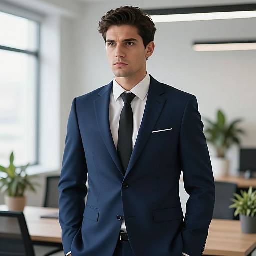 Young Man in Navy Blue Business Suit in Modern Office