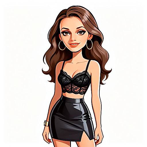 Stylish Woman Wearing Black Lace Crop Top and Leather Skirt Digital Illustration
