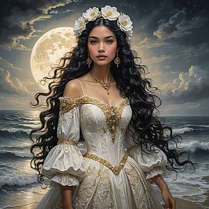 Elegant Woman by Ocean Under Full Moon