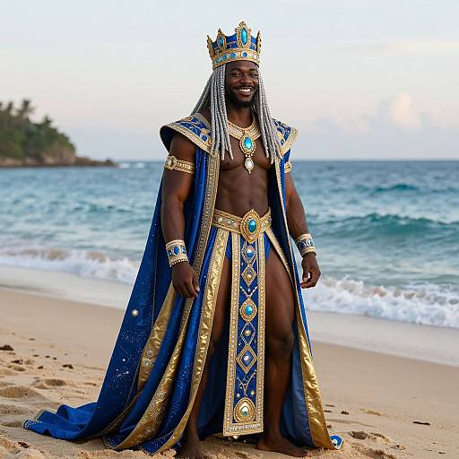 Man in Royal Blue and Gold King Costume on the Beach