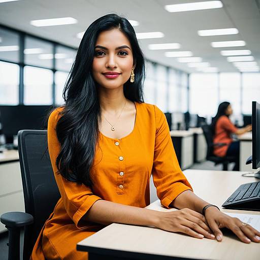 Confident Young Woman in Orange Top at Modern Office Desk
