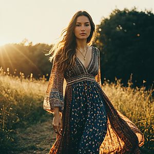 Bohemian Woman in Flowing Dress in Golden Hour Field