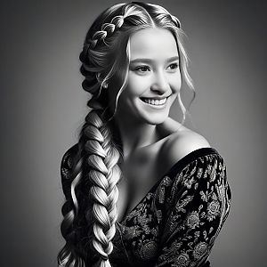 Elegant Woman with Braided Hair in Black and White Portrait